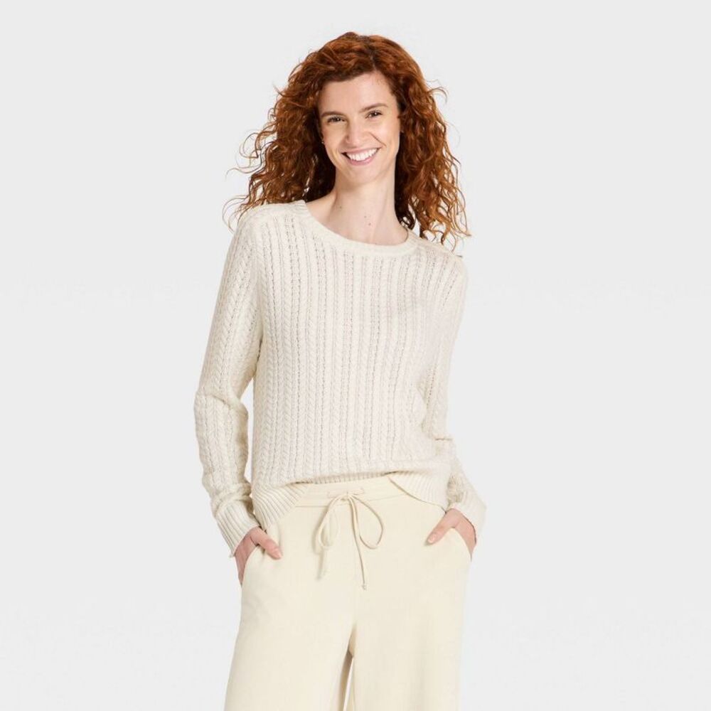 Women's Pointelle Pullover Sweater - A New Day Cream M